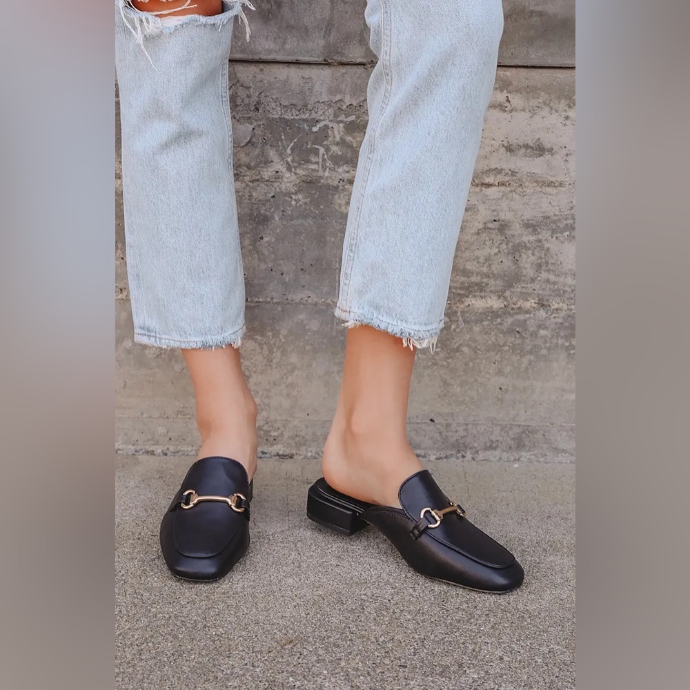 Lulus Ranae Black Slide-On Loafers gold buckle 5.5
